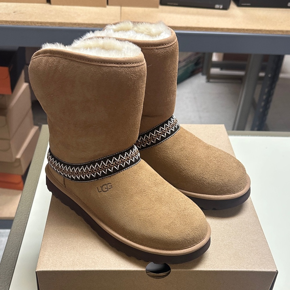 UGG Women’s Classic Short Crescent Chestnut Suede Boots with Shearling Lining - Picture 8 of 13